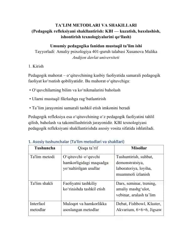 TA’LIM METODLARI VA SHAKILLARI