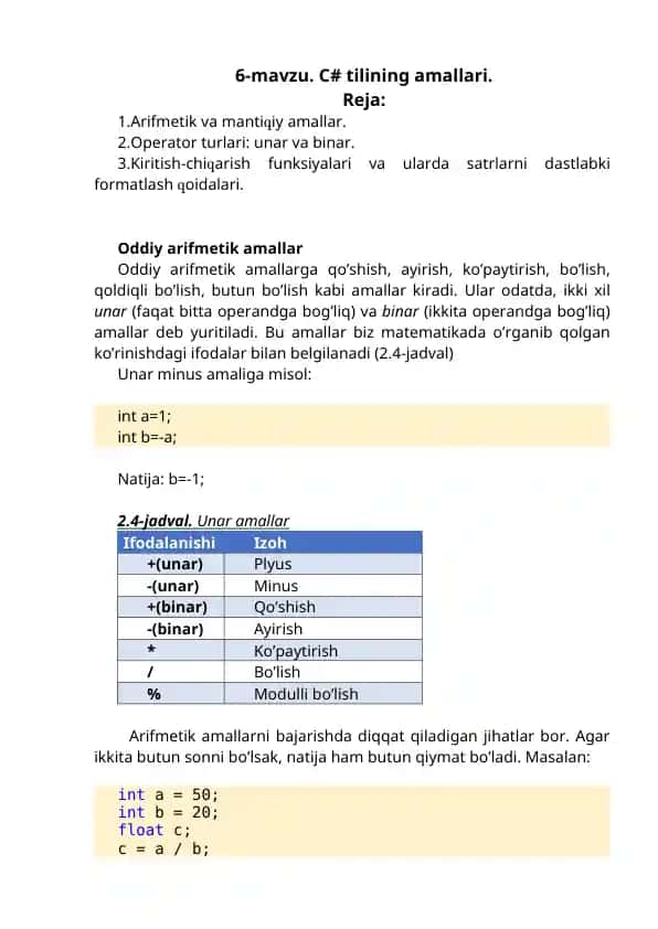 C# tilining amallari
