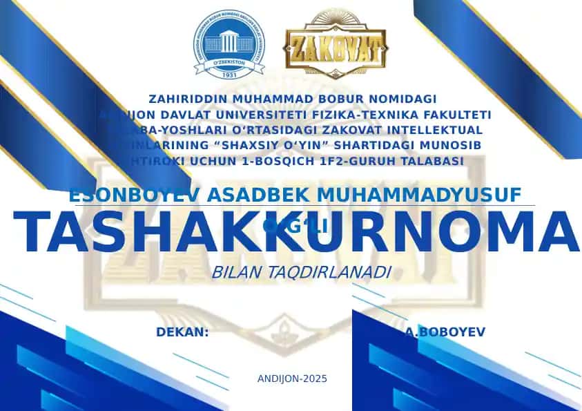 ZAKOVAT INTELLEKTUAL O‘YINLARINING “SHAXSIY O‘YIN”