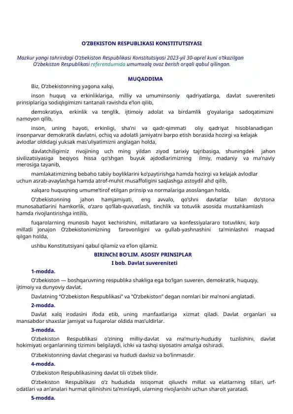 O‘ZBEKISTON RESPUBLIKASI KONSTITUTSIYASI