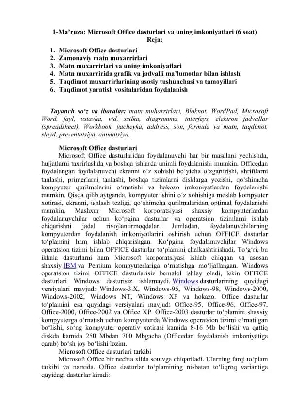 Microsoft Offiсe dasturlari va uning imkoniyatlari