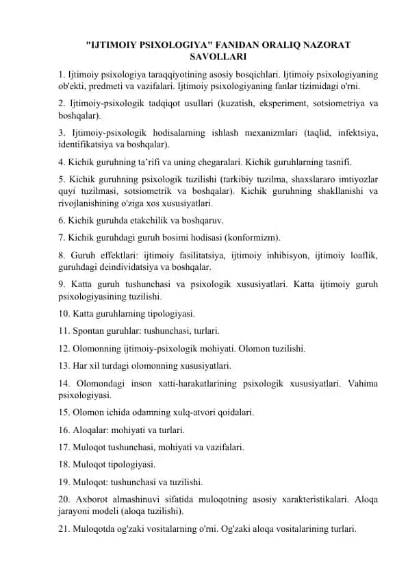 Ijtimoiy psixologiya fanidan oraliq nazorat savollari