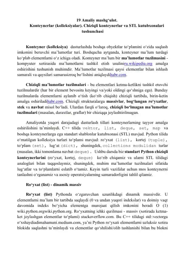 Konteynerlar (kolleksiyalar). Chiziqli konteynerlar va STL kutubxonalari tushunchasi