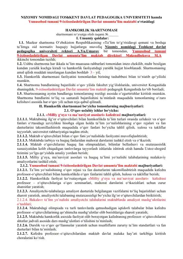 Hamkorlik shartnomasi va ish rejasi