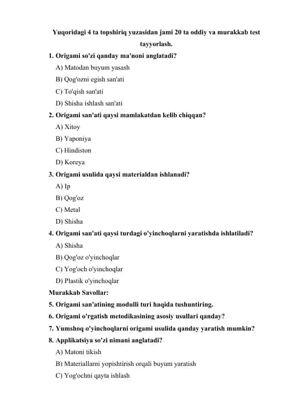 Origami va Applikatsiya San'ati