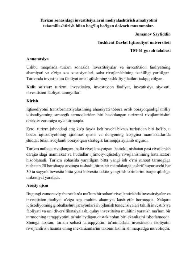 Turizm sohasidagi investitsiyalarni moliyalashtirish amaliyotini takomillashtirish