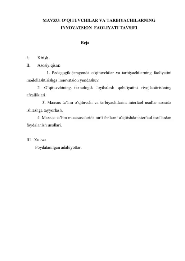 O‘QITUVCHILAR VA TARBIYACHILARNING INNOVATSION FAOLIYATI TAVSIFI