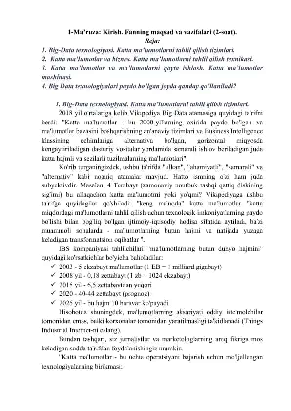 Big-Data texnologiyasi. Katta ma’lumotlarni tahlil qilish tizimlari.