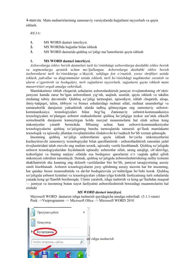MS Word dasturining interfeysi va hujjatlarni ishlash
