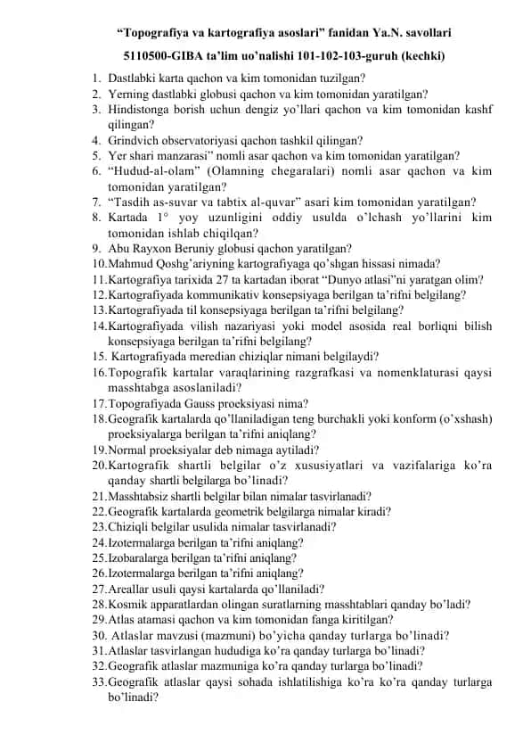 “Topografiya va kartografiya asoslari” fanidan savollar