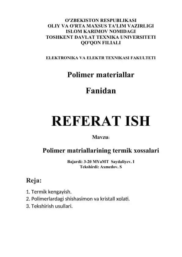 Polimer materiallar REFERAT ISH