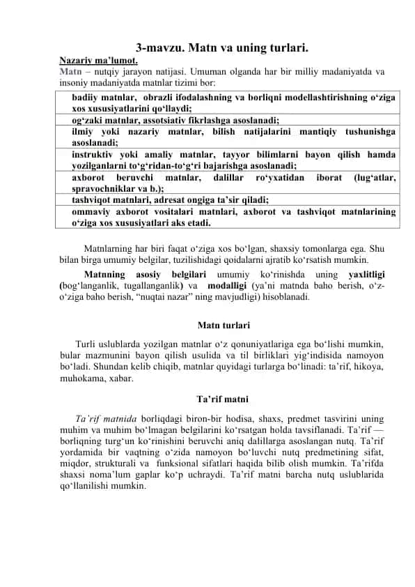 Matn va uning turlari