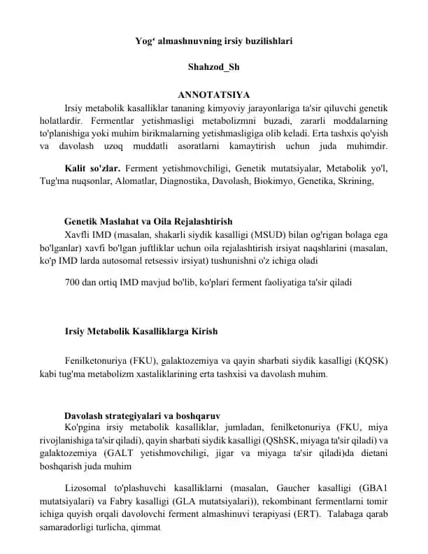 Irsiy Metabolik Kasalliklarga Kirish