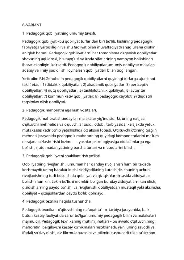 Pedagogik qobiliyatning umumiy tavsifi.