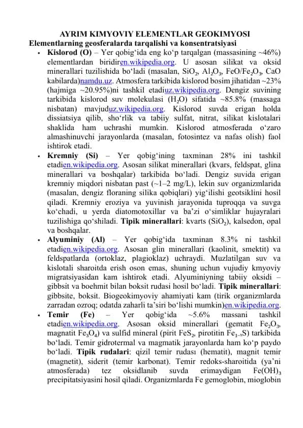 AYRIM KIMYOVIY ELEMENTLAR GEOKIMYOSI