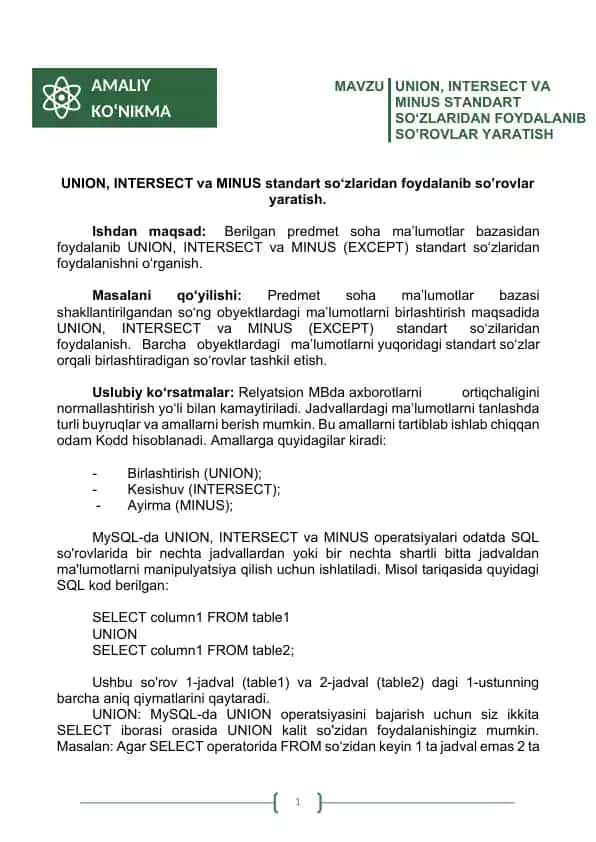 UNION, INTERSECT VA MINUS STANDART SO‘ZLARIDAN FOYDALANIB SO’ROVLAR YARATISH