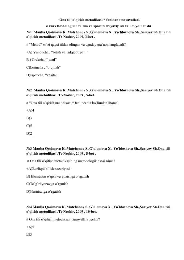 Ona tili o‘qitish metodikasi fanidan test savollari