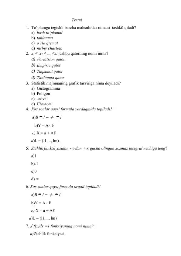 Statistika asoslari test savollari