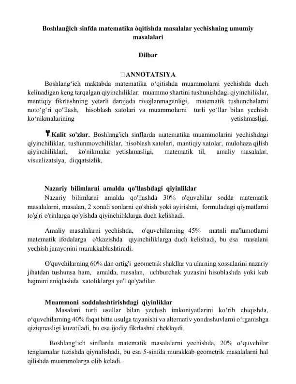 Boshlang'ich sinfda matematika oʻqitishda masalalar yechishning umumiy masalalari