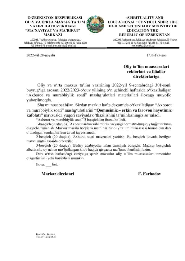 "Axborot va Murabbiylik Soati" mashg'ulotlari materiallari