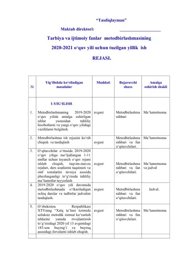 Tasdiqlayman Yillik Ish Rejasi