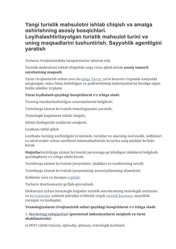 Yangi turistik mahsulot yaratish va amalga oshirish
