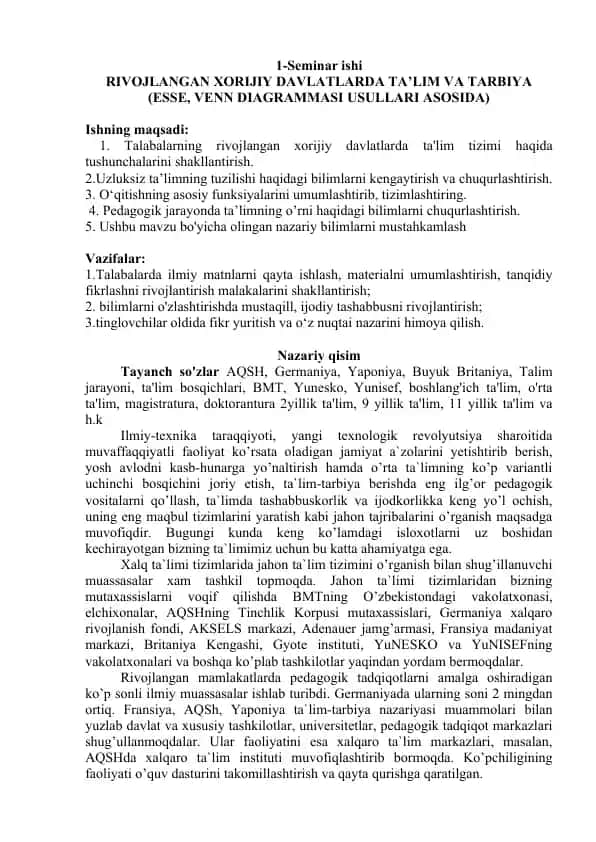 RIVOJLANGAN XORIJIY DAVLATLARDA TA’LIM VA TARBIYA (ESSE, VENN DIAGRAMMASI USULLARI ASOSIDA)