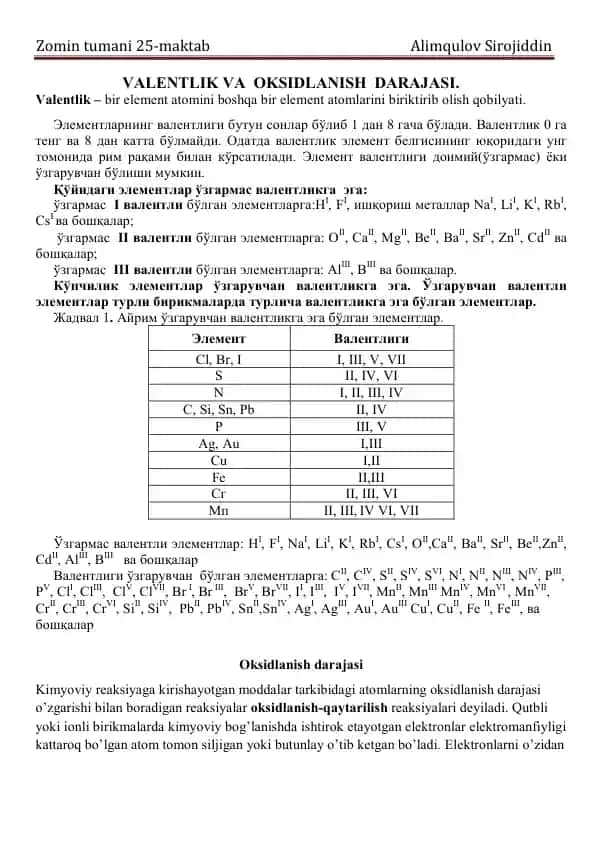 Valentlik va Oksidlanish Darajasi