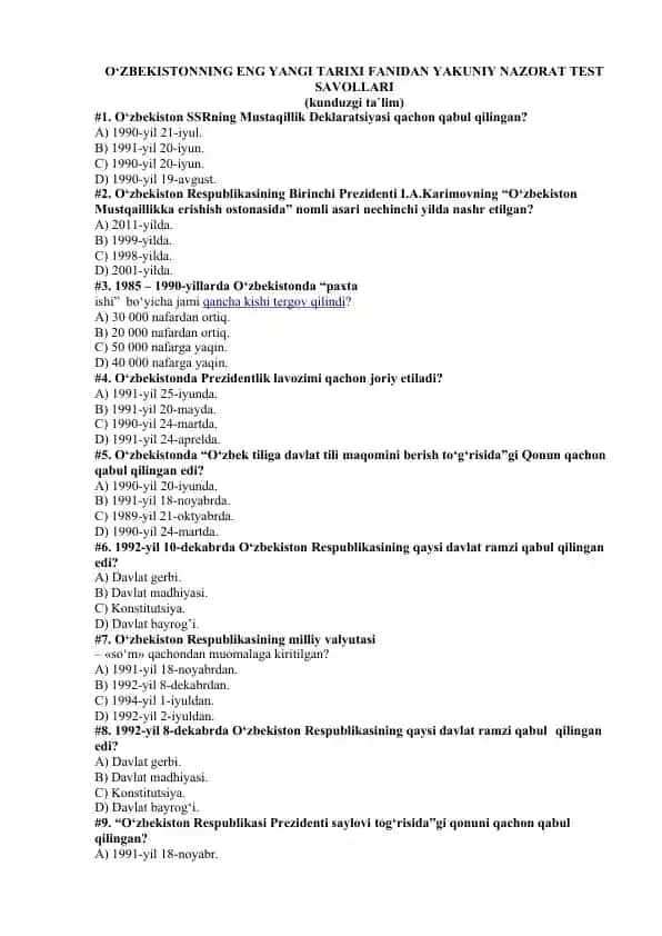 O‘ZBEKISTONNING ENG YANGI TARIXI FANIDAN YAKUNIY NAZORAT TEST SAVOLLARI