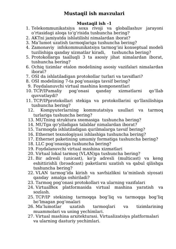 Mustaqil ish mavzulari