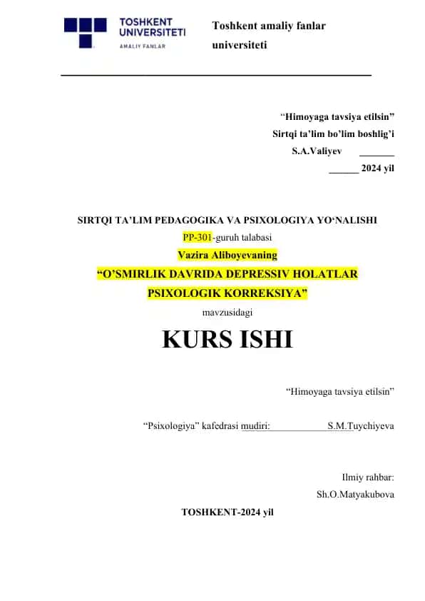 O’SMIRLIK DAVRIDA DEPRESSIV HOLATLAR PSIXOLOGIK KORREKSIYA