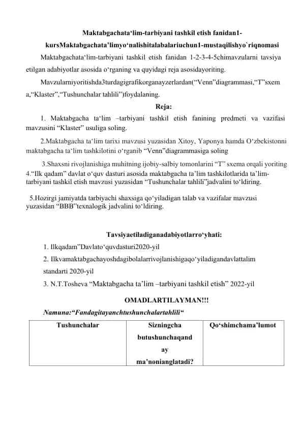 Maktabgacha ta‘lim-tarbiyani tashkil etish fanidan 1-kurs