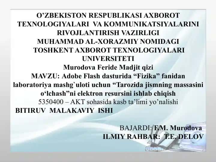 Elektron resurs "Tarozida jismning massasini o‘lchash" AdobeFlash dasturida