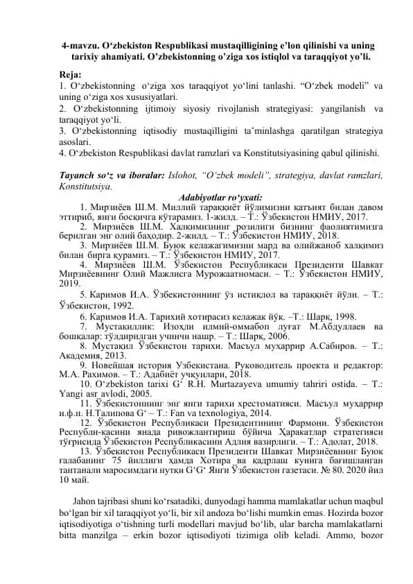 O‘zbekiston Respublikasi mustaqilligining e’lon qilinishi va uning tarixiy ahamiyati