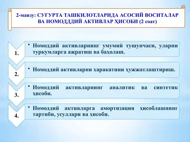СУҒУРТА ТАШКИЛОТЛАРИДА АСОСИЙ ВОСИТАЛАР ВА НОМОДДДИЙ АКТИВЛАР ҲИСОБИ (2 соат)