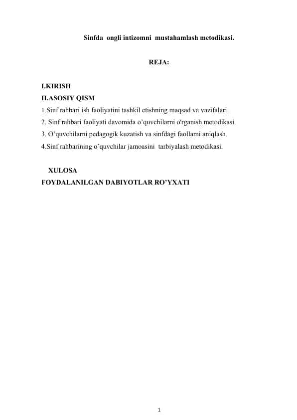 Sinfda Ongli Intizomni Mustahamlash Metodikasi