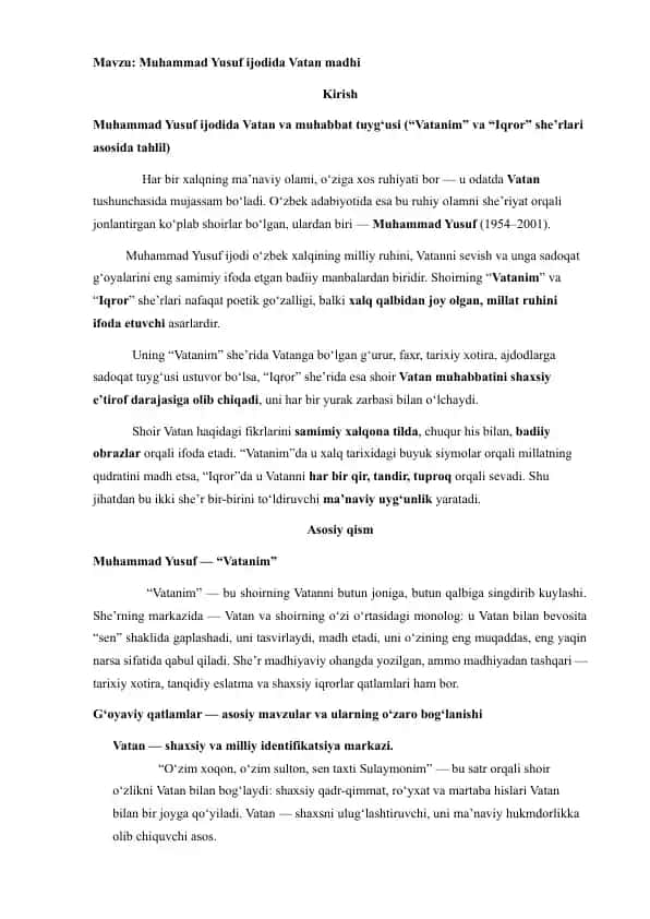 Muhammad Yusuf ijodida Vatan madhi