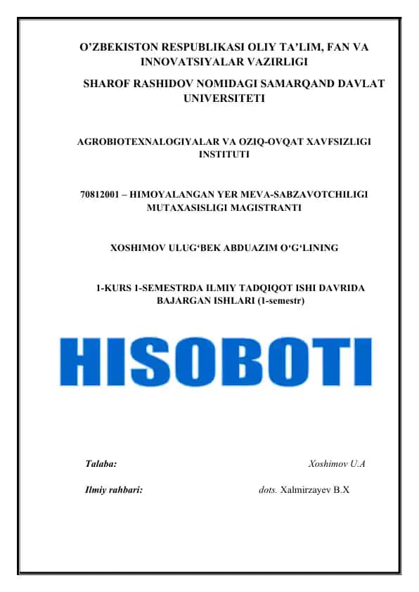 HIMOYALANGAN YER MEVA-SABZAVOTCHILIGI MUTAXASISLIGI MAGISTRANTI