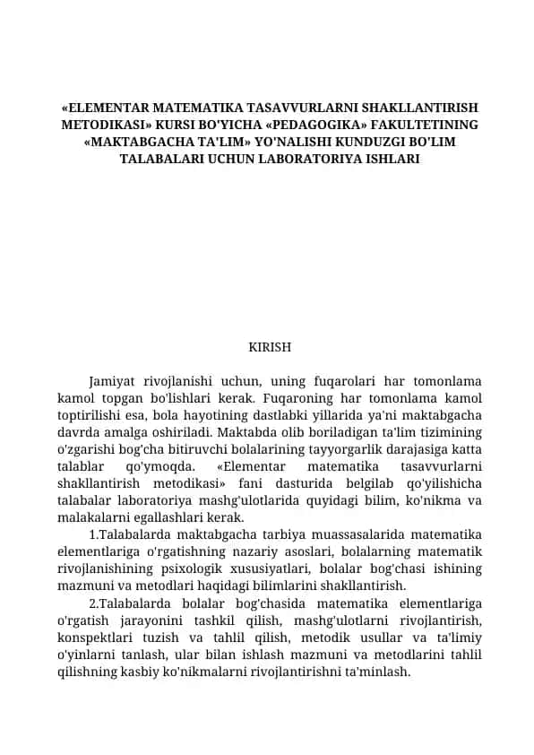 "Elementar Matematika Tasavvurlarni Shakllantirish Metodikasi" Kursi