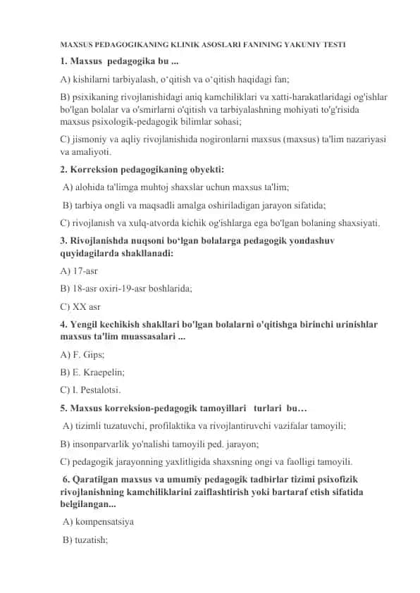 Maxsus Pedagogikaning Klinik Asoslari Fanining Yakuniy Testi