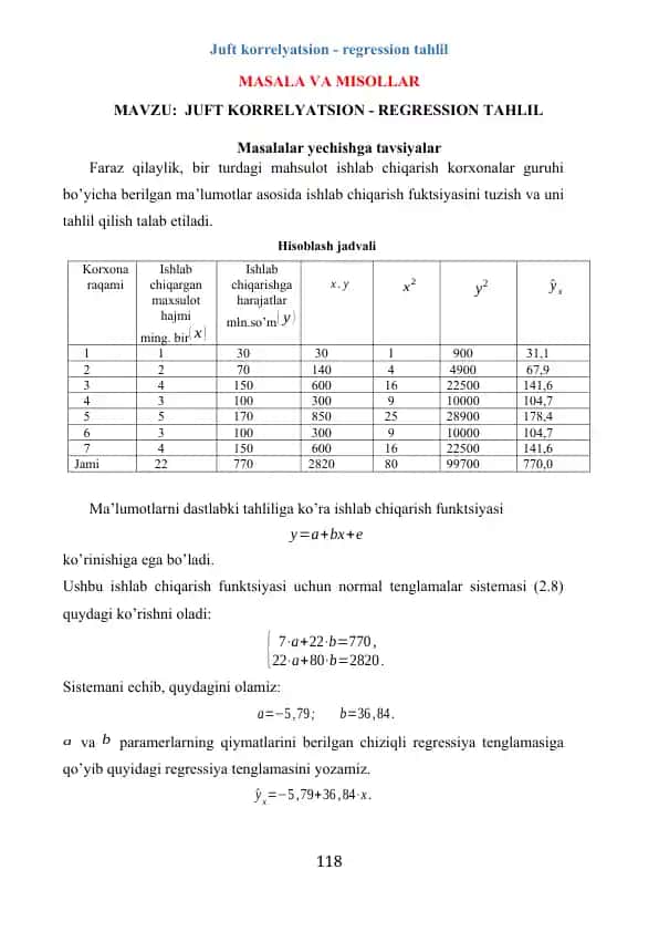 Juft korrelyatsion - regression tahlil