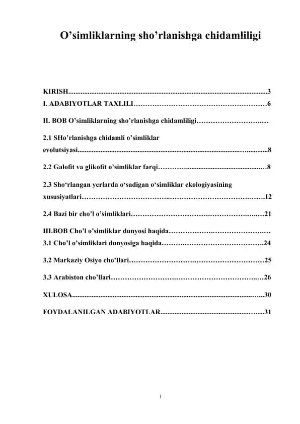 O’simliklarning sho’rlanishga chidamliligi