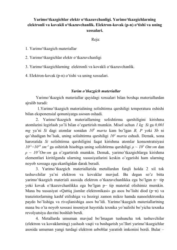 Yarimo'tkazgichlar elektr o'tkazuvchanligi