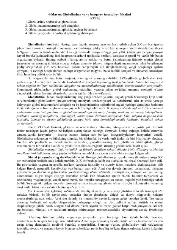 Globallashuv va va barqaror taraqqiyot falsafasi