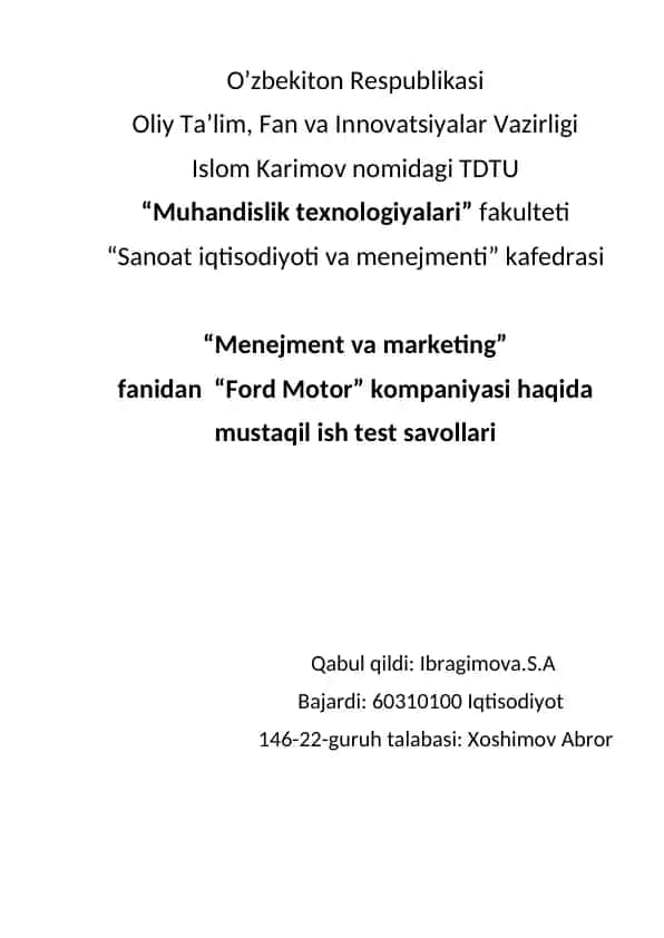 "Ford Motor kompaniyasi haqida test savollari"