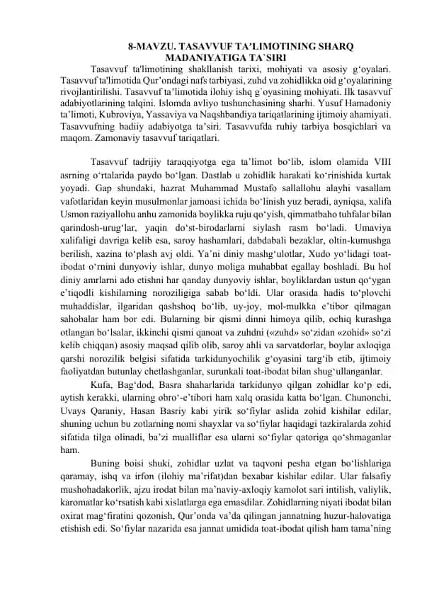 TASAVVUF TAʼLIMOTINING SHARQ MADANIYATIGA TA`SIRI