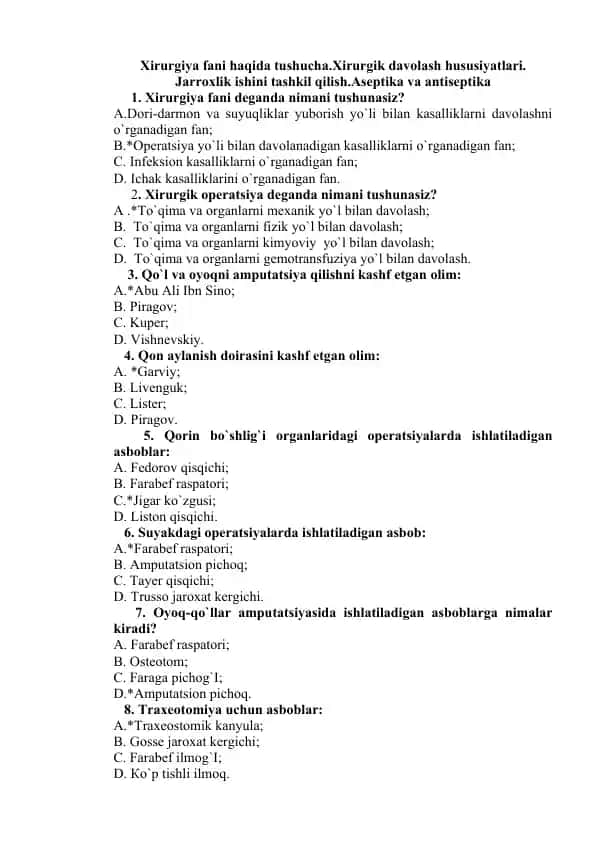 Xirurgiya fani bo‘yicha test savollari