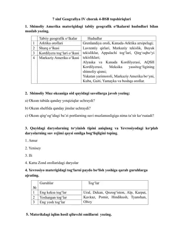 7-sinf Geografiya IV chorak 4-BSB topshiriqlari