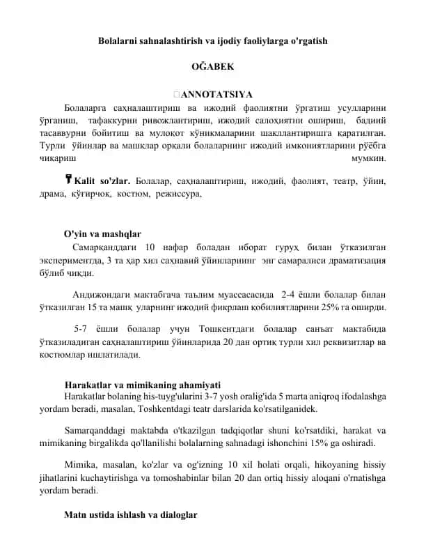 Bolalarni sahnalashtirish va ijodiy faoliylarga o'rgatish