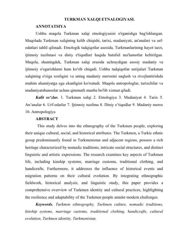TURKMAN XALQI ETNALOGIYASI